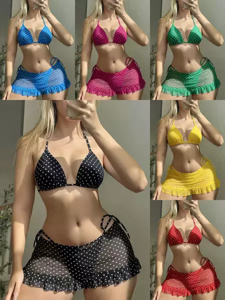 New Cross-Border European and American Women's Summer Beach Polka Dot Triangle Cup Sexy Lace-Up Three-Piece Bikini Set