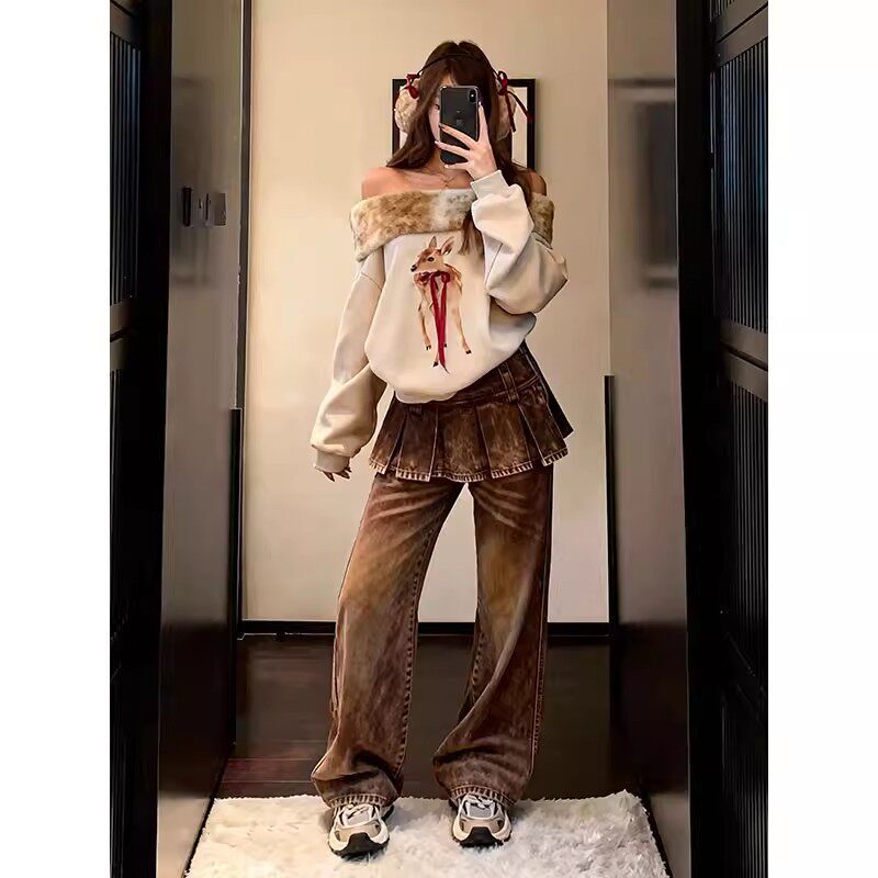 American-Style Western Wasteland Style Faded Straight-Leg Jeans for Women, Retro Irregular Pleated Hem Faux Two-Piece Wide-Leg Pants