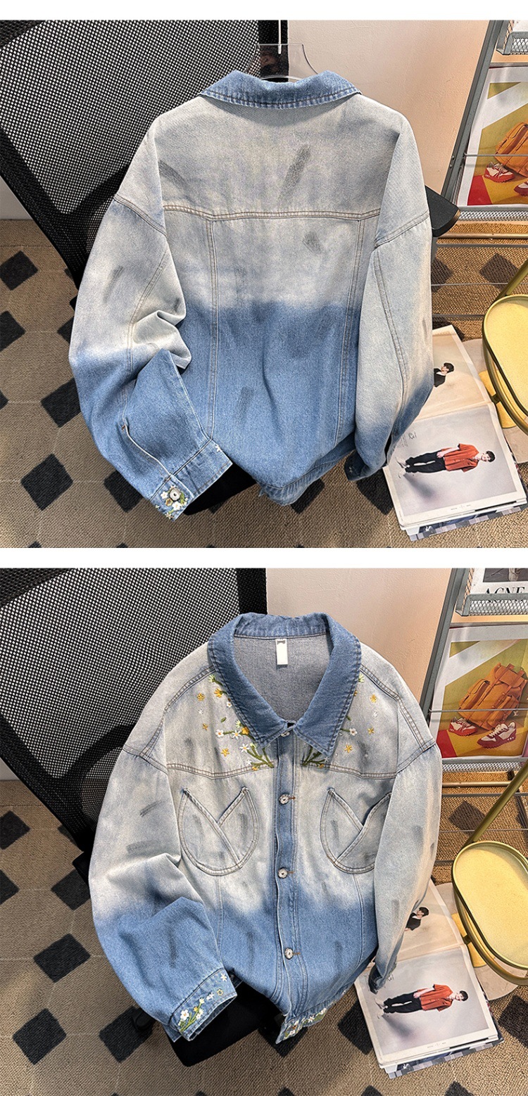 Unisex Gradient Denim Jacket With Floral Embroidery Retro Style_voghion.com