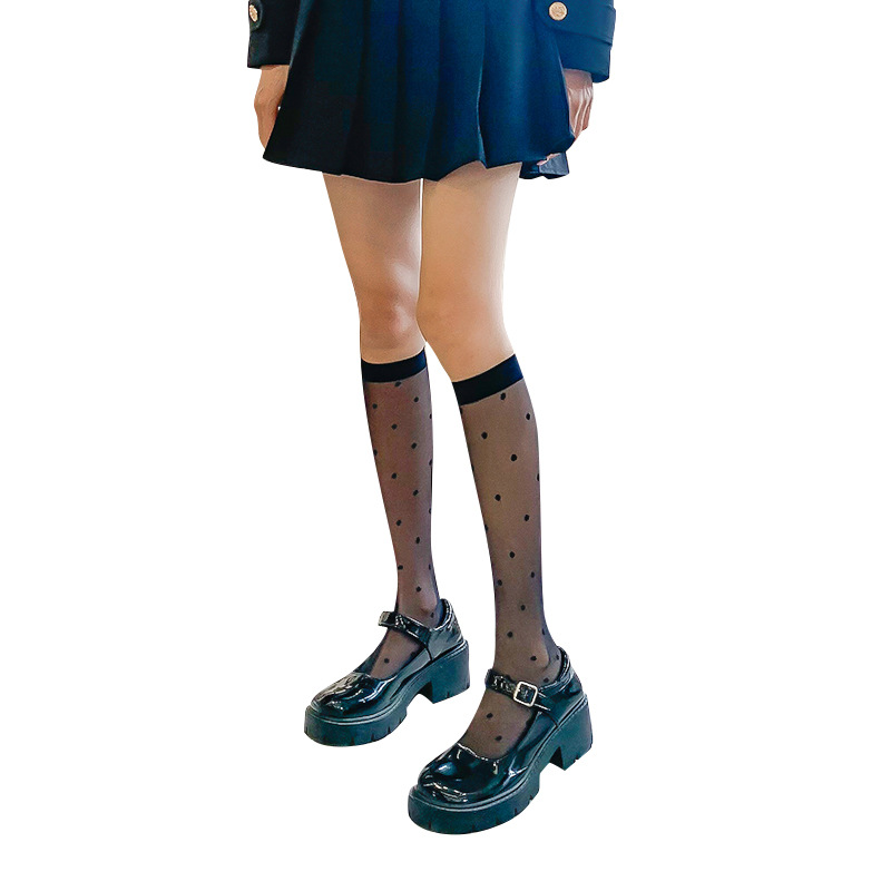 Calcetines de pantorrilla de las mujeres pequeño punto transparente color sólido calcetines blancos y negros estilo JK sexy pierna calcetines altos fábrica al por mayor