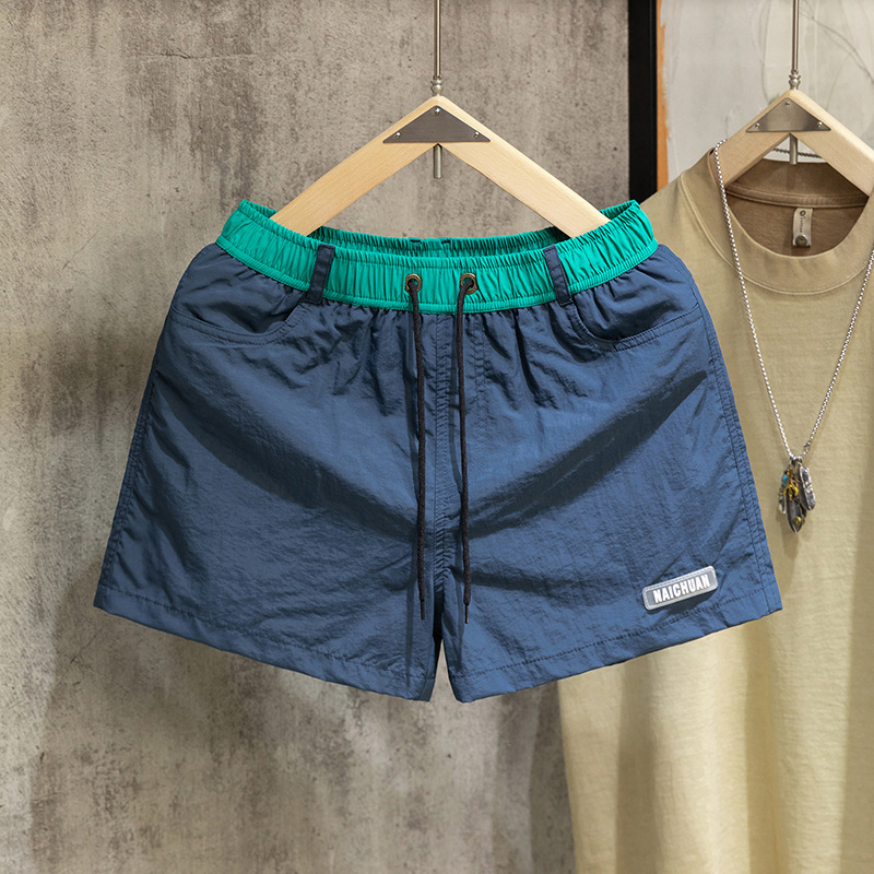 Running Fitness Lined Beach Pants Summer American Color Contrast Loose Belt Shorts Men's Sports Casual Three-point Pants