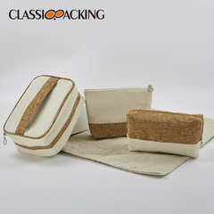 European and American style cotton canvas organizer bag original color wood grain travel toiletry storage bag set environmentally friendly cork cosmetic bag