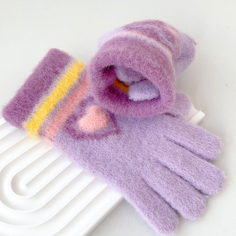 Nuevos guantes cálidos para niñas a rayas de amor a prueba de frío y engrosamiento en invierno, los niños tejen en bicicleta para jugar con la nieve y escribir cinco dedos