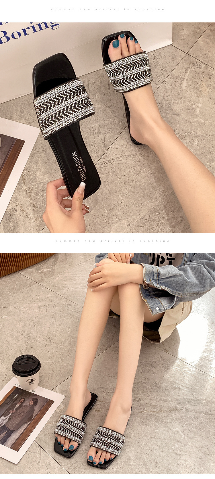Printemps et été vêtements d'extérieur en forme unique strass grande taille sandales 41-42 dames pantoufles_voghion.com