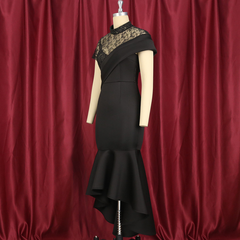 Vêtements pour femmes Col montant Manches courtes Sexy Transparent Taille haute Jupe à volants Robe de soirée Robe grande taille pour femmes_voghion.com