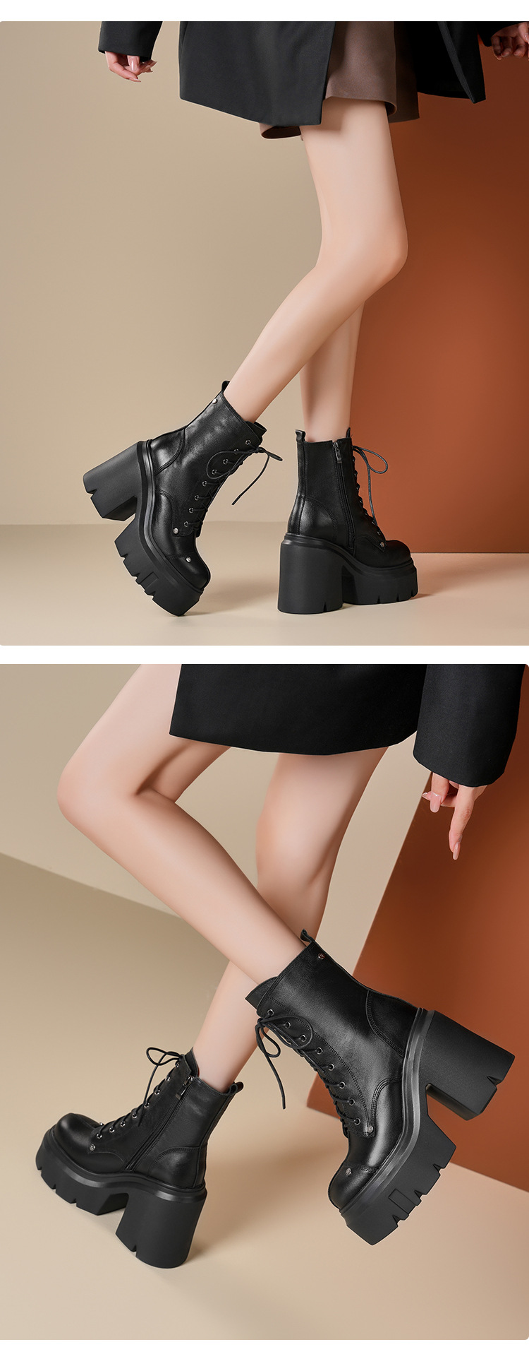 Boot nữ da mềm mũi tròn gót thô đế dày dây buộc — Lót nhung đen chi tiết 3