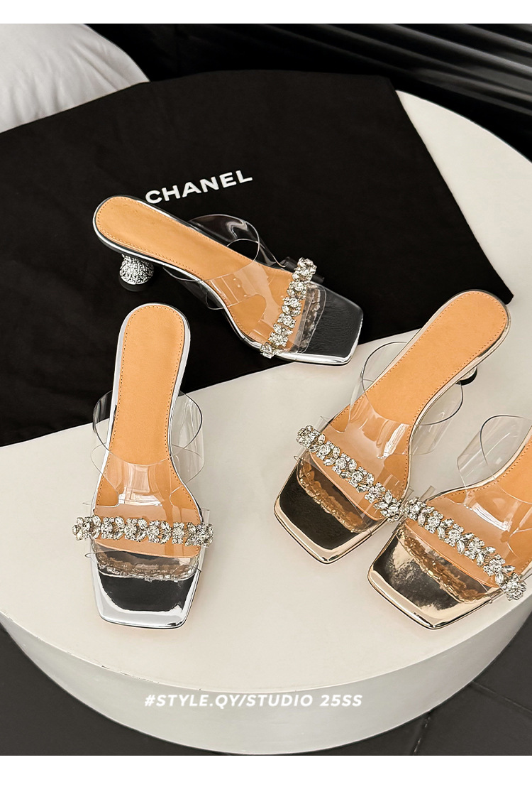 Sandal cao gót nữ mũi vuông PVC trong suốt đính đá gót thấp — màu vàng, bạc chi tiết 3