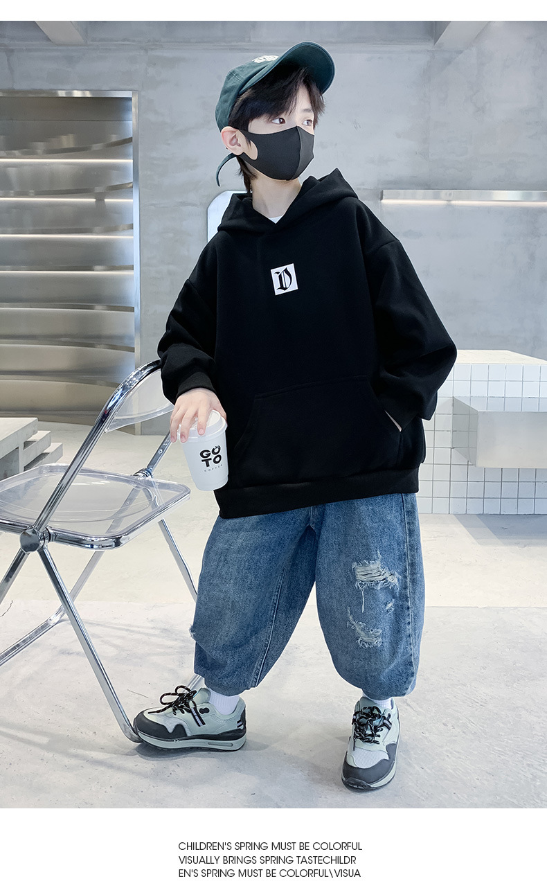 Abbigliamento per bambini, felpa con cappuccio autunnale per ragazzi 2024 nuovo stile, tendenza top in velluto invernale per bambini con stampa di lettere personalizzate_voghion.com
