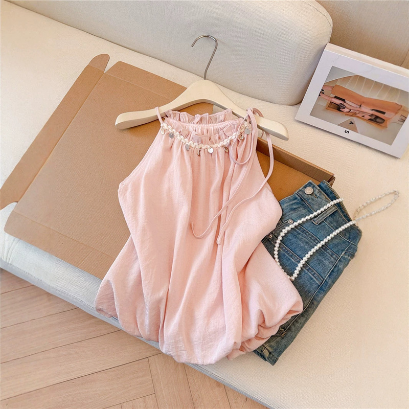 Pink Shell Lace Flower Bud Halter Neck Tank Top for Women, New Summer Style, Relaxed and Slimming, Stylish Top