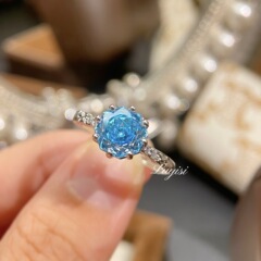 法式复古手工拉丝八角千禧玫瑰切海蓝宝戒指时尚高碳钻炫绿紫钻戒