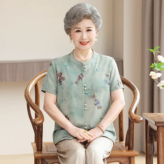 2026年夏季老年人女款仿真丝短袖衬衫印花妈妈装上衣翻领奶奶开衫