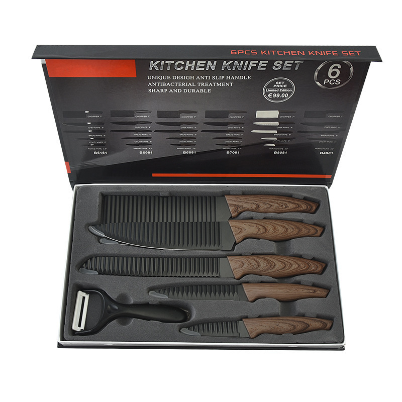 Venta directa de cuchillos de cocina traje cola de milano mango patrón de onda de seis piezas conjunto de cuchillos de cocina caja de color caja de regalo en stock