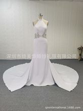 重工简约气质缎面无袖绕脖大拖尾新娘婚纱外贸出口