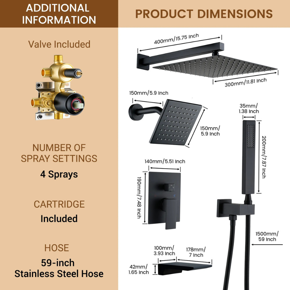 Transfronterizo 12 pulgadas multifuncional doble ducha de ducha de ducha de ducha superior de mano conjunto de ducha de ducha de baño ingeniería de baño