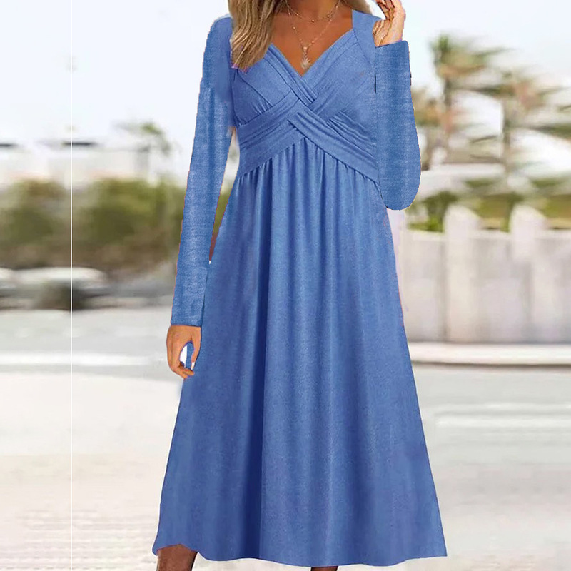 2024 Amazon European and American Cross-Border Autumn and Winter New Long-Sleeved Casual Loose Cross Long Dress for Women