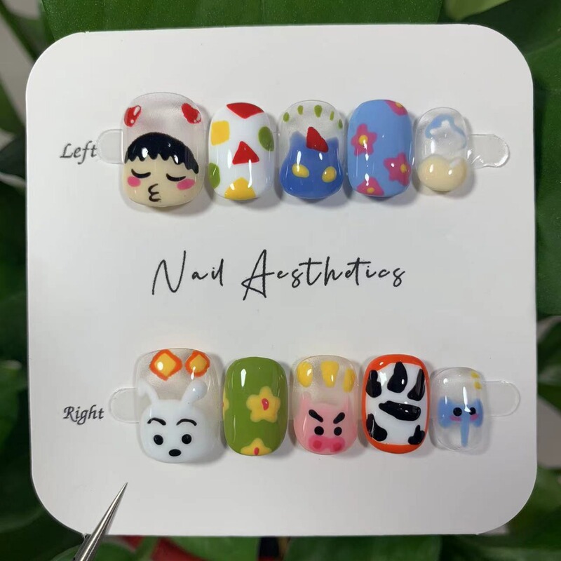 Cute Hand-Painted Cartoon Wearable Nails, Crayon Shin-Chan Nail Art, Removable Short Nail Patches for Children, Direct Delivery