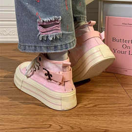 帆布鞋子女学生2025春季高帮蓝色牛仔厚底板鞋原创小众透气休闲鞋