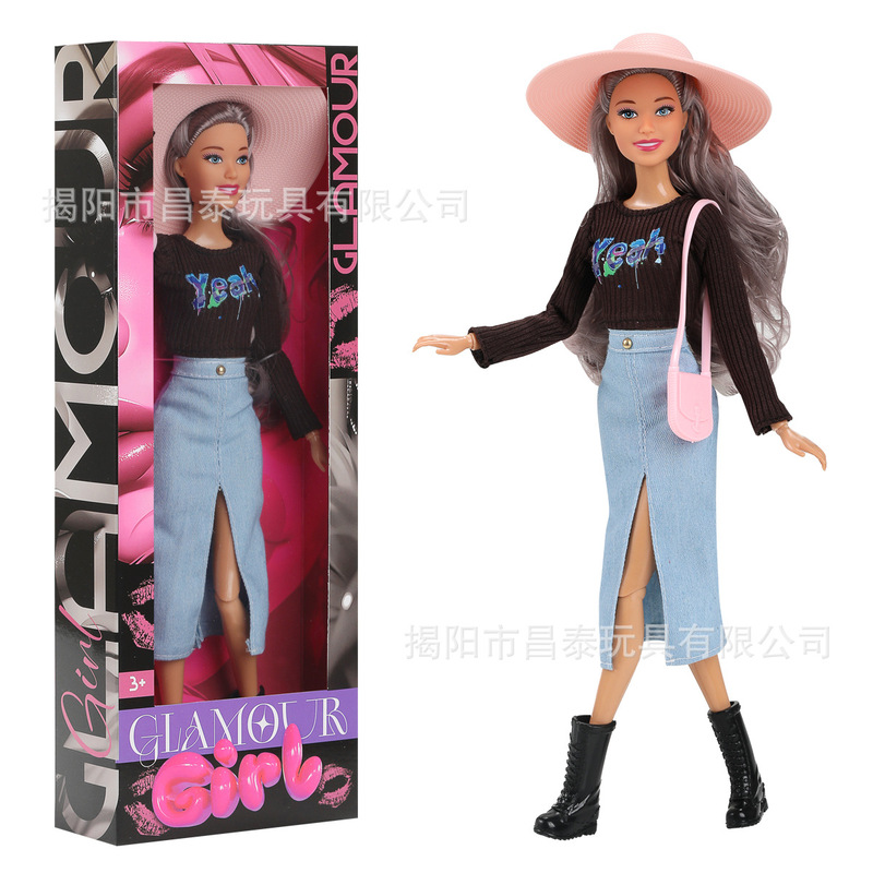 Cross-border New Color Boxed 30cm Big Body Bobby Doll Fashion Denim Skirt with Casual Threaded Top
