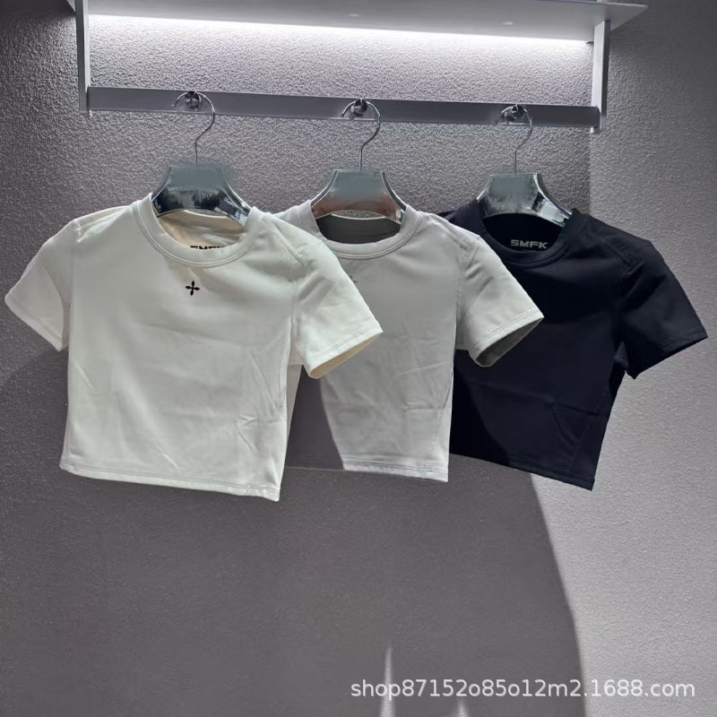 Smk Dynamic Body Shaping Skin Short Tee, Waist-Revealing Ultra-Thin Skin-Friendly Tight-Fitting Black and White T-Shirt