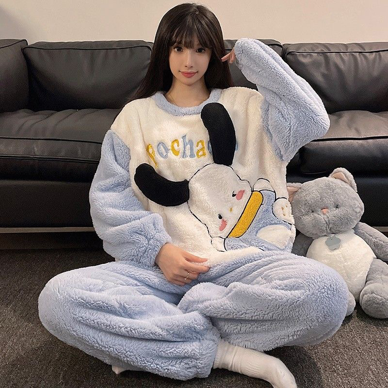 Ready Stock Wholesale] Flannel Pajamas Winter Women's Cute Pacha Dog Fleece-Lined Thickeneded Cartoon Home Clothes Set