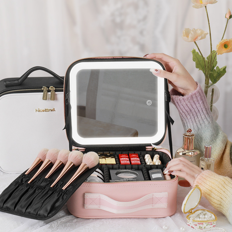 Bolsa de cosméticos con luz y espejo de pantalla completa bolsa de almacenamiento de cosméticos portátil de viaje portátil bolsa de cosméticos de gran capacidad para mujeres