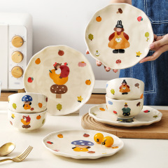 4人家族の親子食器セット、ギフト、家庭用ボウルと皿、陶器のボウルと皿、かわいい漫画のライスボウル、ボウルと皿