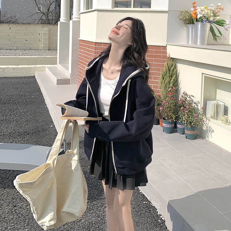 实拍撞色拼接连帽卫衣外套女2025春季新款学院风宽松休闲开衫上衣|undefined