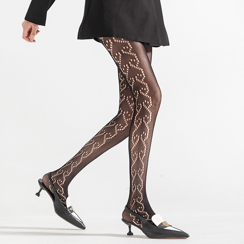 Medias negras hollow-out lado amor jacquard pantimedias de verano de las mujeres delgadas sexy puro deseo estilo Lolita calcetines de malla