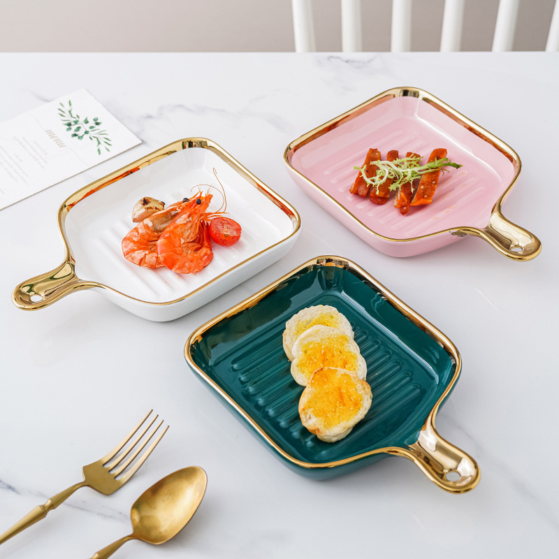 Nórdico creativo vajilla de cerámica rojo neto plato hogar oro borde mango hornear placa ins estilo carne desayuno placa