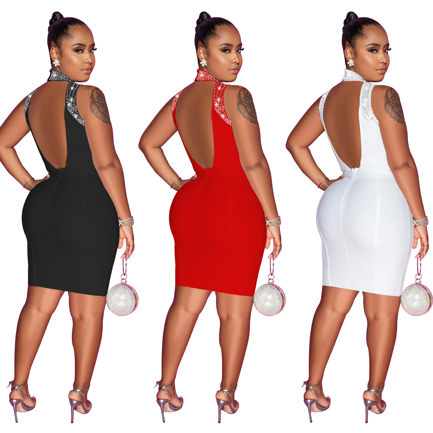 C6163 Aliexpress transfronterizo Amazon Europa y América ropa de moda de mujer de color sólido caliente diámetro de malla transparente vestido sin mangas image 6