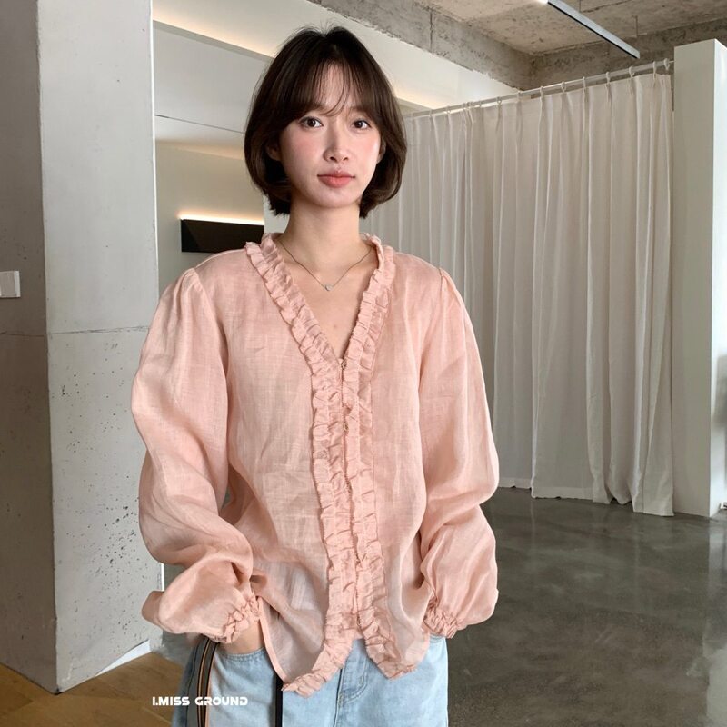 I Miss Korean-Style Gentle Ruffled V-Neck Sun-Protective Shirt for Women, Spring Design, Elegant and Slimming Top I Miss Korean-Style Gentle Ruffled V-Neck Sun-Protective Shirt for Women, Spring Design, Elegant and Slimming Top