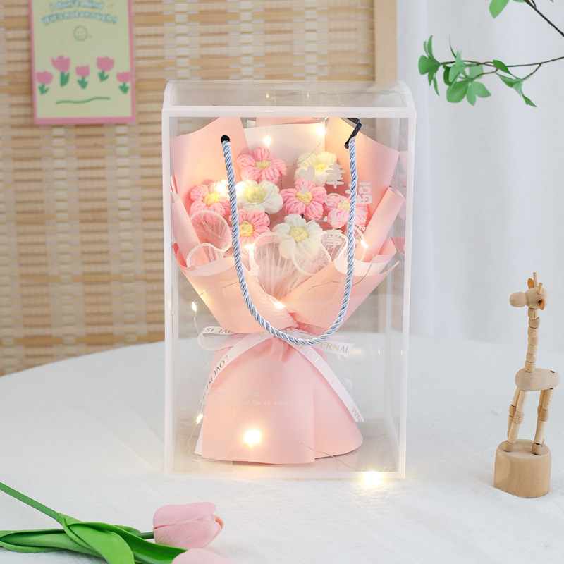 Regalos del día de San Valentín ganchido a mano flor de imitación puff lana ganchido ramo caja de regalo de enfermería para enviar al personal de novia
