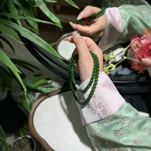 Jin Yu Tang Xinjiang Hotan Yu Laokeng Spinach Green Noble and Elegant 6mm Wear Full of Advanced