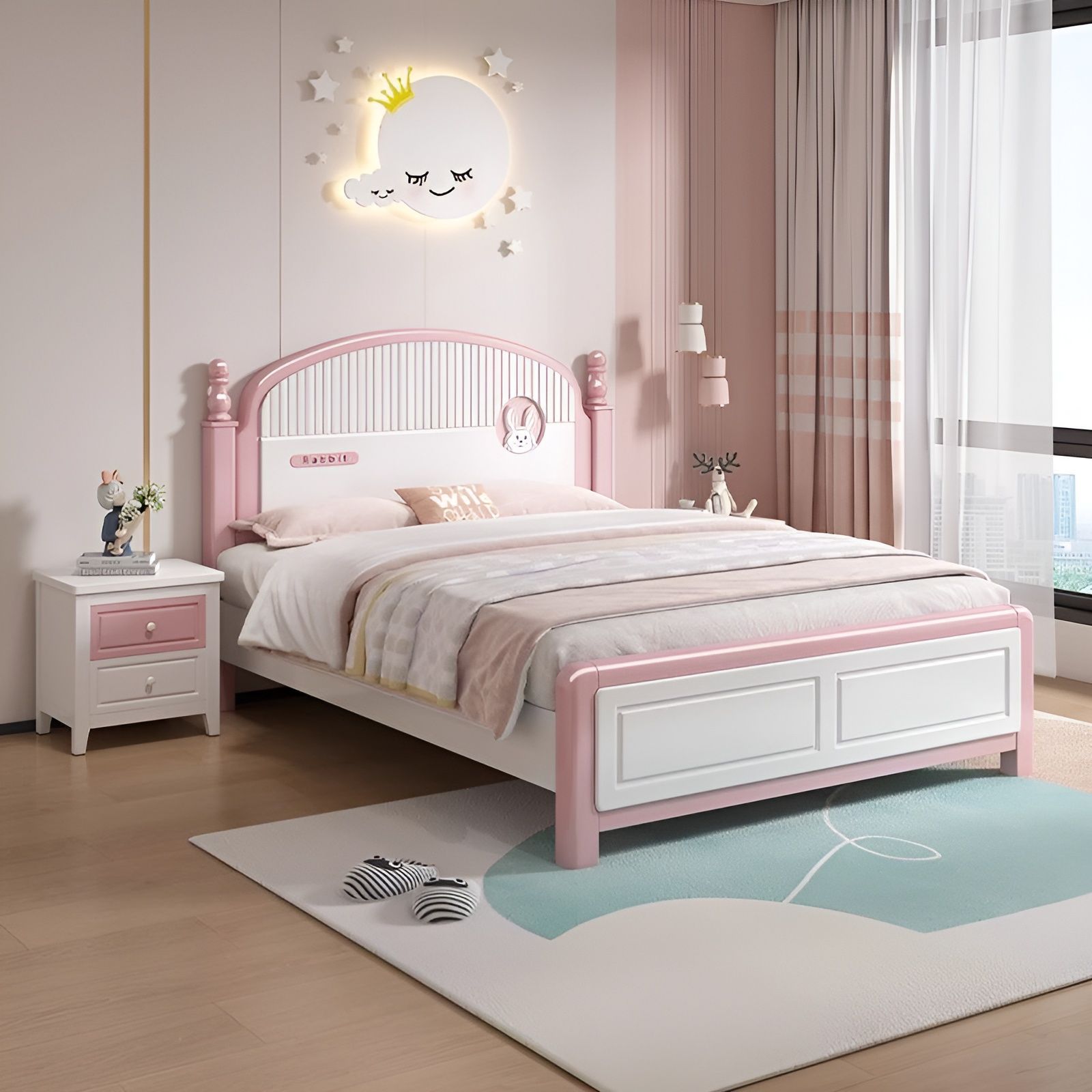 Cute Pink Bed Bedroom Furniture Solid Wood Children's Bed Princess Bed 1.2m Girl's Bed 1.53m Beds