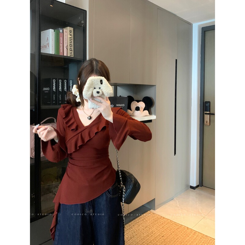 实拍2025秋装新款胖mm大码荷叶边V领长袖T恤辣妹不规则上衣80235|undefined