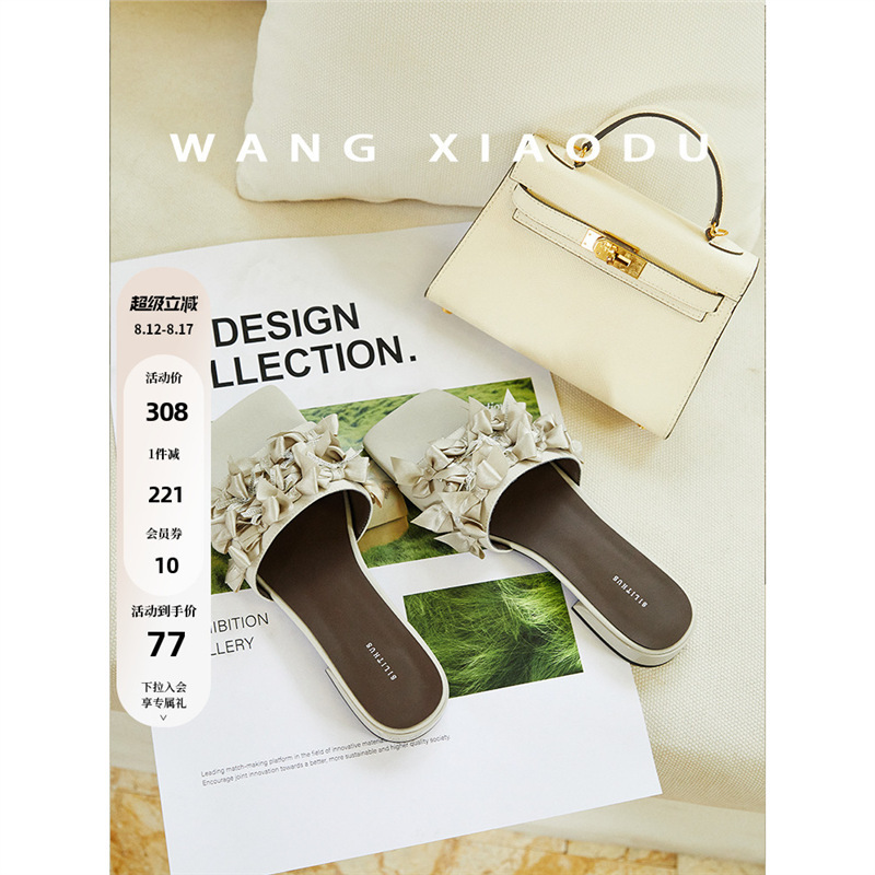 [Wang Xiaodu] Splendid ○ Bow-Knot Thick Heel Flip-Flops for Women 2025 Bright Diamond Outer Wear Square Toe Open-Toe Sandals