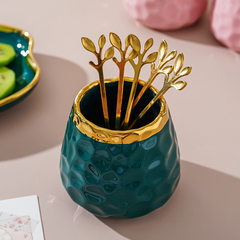 Juego de tenedor de fruta de acero inoxidable creativo luz de lujo hogar postre tenedor postre enchufe pastel tenedor tarro de almacenamiento palo de fruta