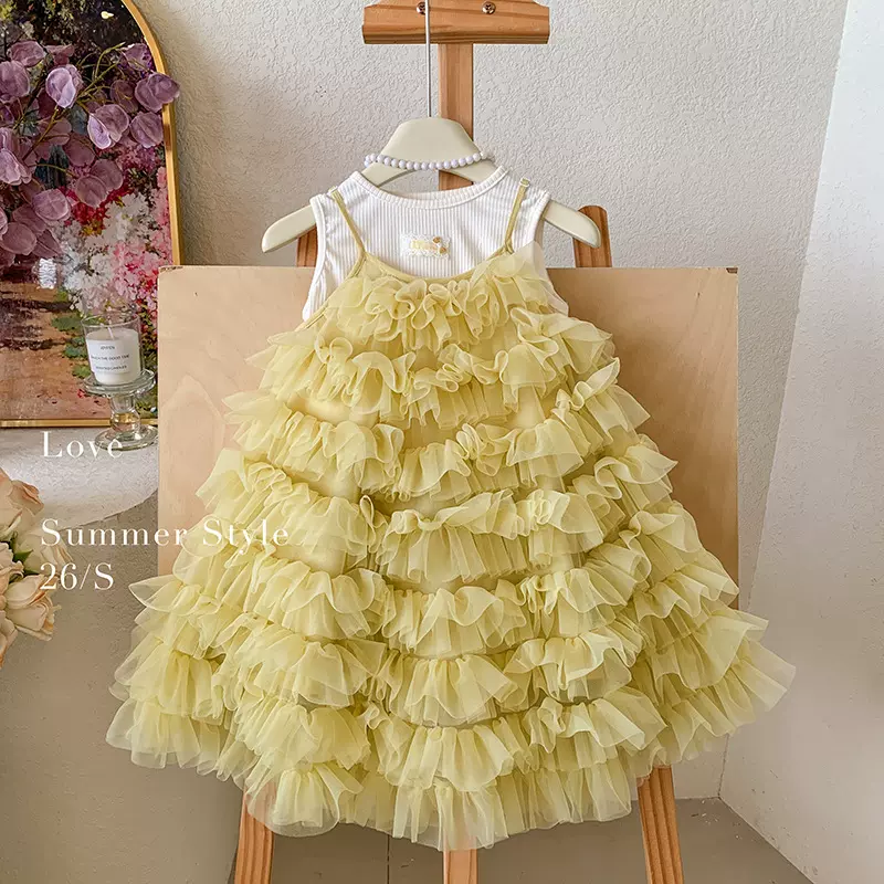 童装26夏新款女童小童韩版卡通背心吊带蓬蓬蛋糕公主纱裙两套装