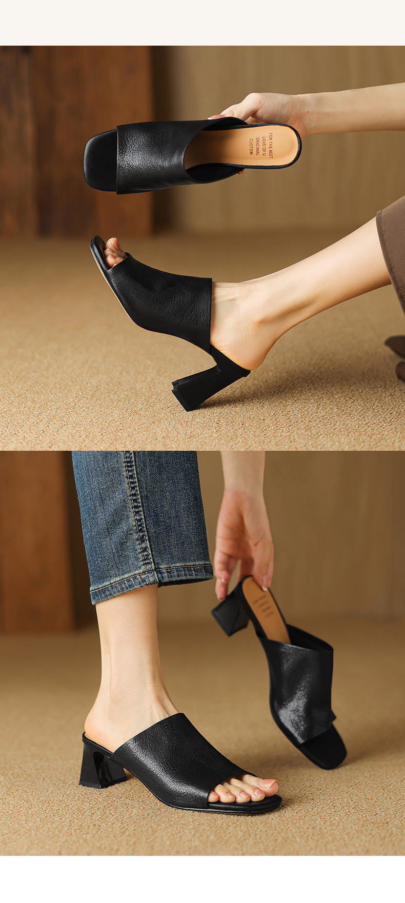 Sandal cao gót nữ hở mũi quai ngang da bò đục lỗ, gót 7 cm — Đen và cao 7 cm chi tiết 8