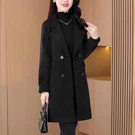 女士毛呢外套2023新款秋冬时尚气质妈妈西装领黑色中长款呢子大衣