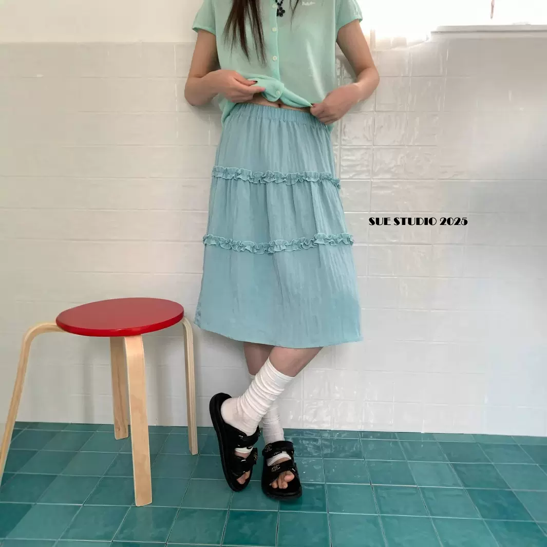 特价不退不换韩系百搭木耳边褶理感半身裙甜美清新A字裙子女79116