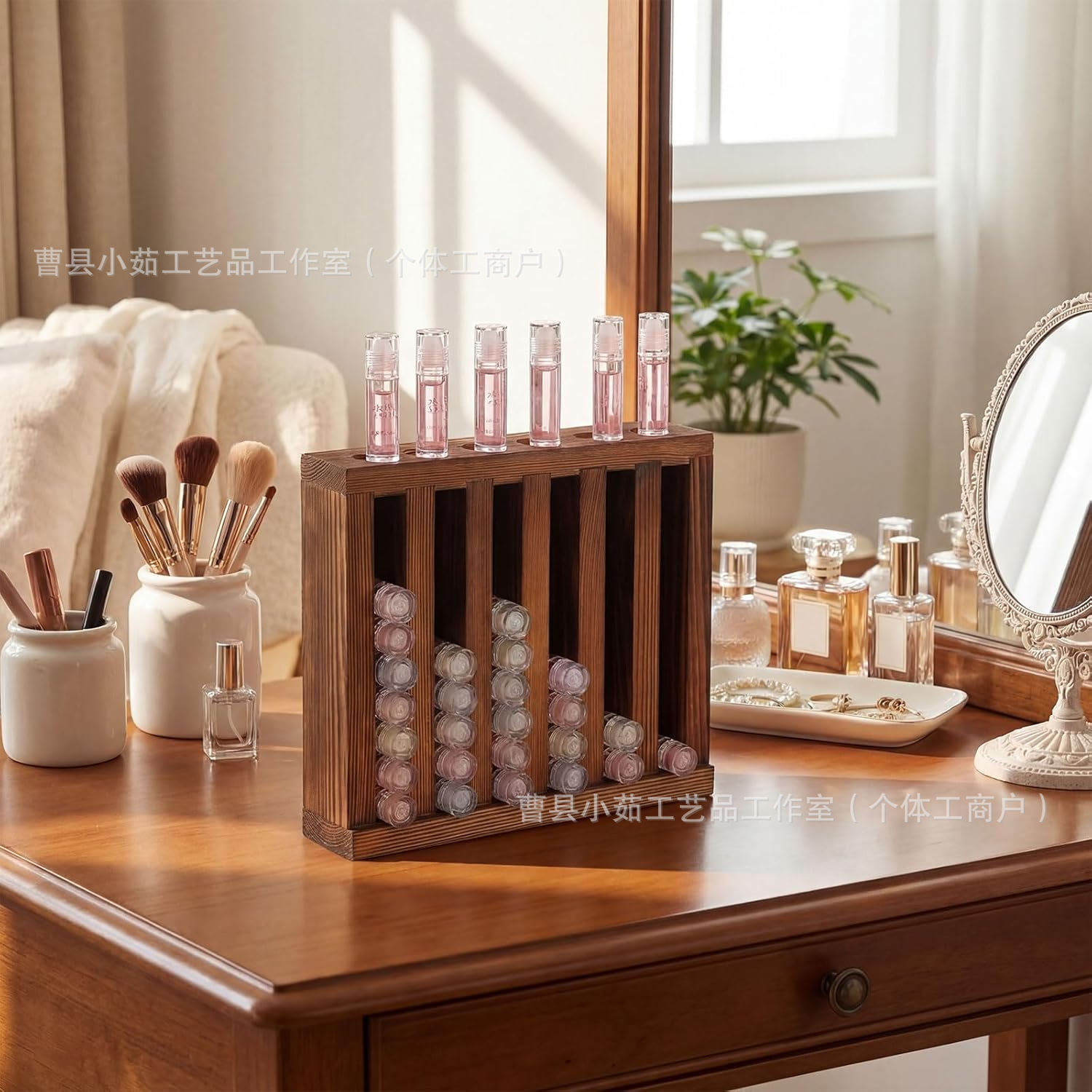 Cross-border wooden lipstick storage rack, multi-compartment lip gloss organizer, dressing table makeup and lipstick display stand