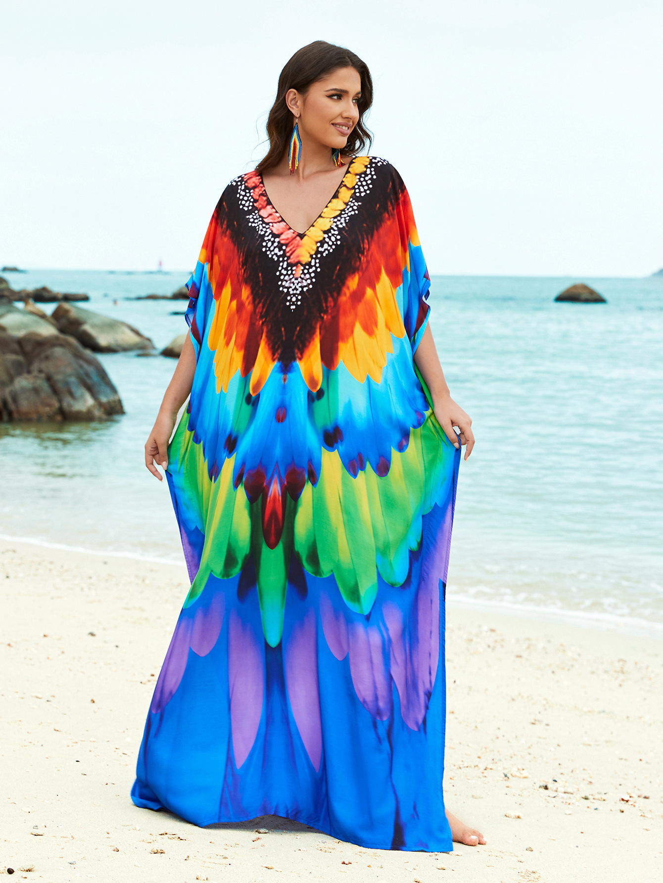 Rochie de plajă lungă kimono dama boho viscoză tie-dye_voghion.com