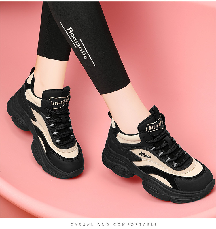 Giày sneaker nữ chunky đế dày thoáng khí mùa hè 2025, gót 5.5 cm — Lớp lót đơn màu be và đen, chiều cao gót 5.5cm, Phong cách thoáng khí của Mika, Mẫu Low Ankle lót đơn màu be và đen, chiều cao gót 5.5cm, Màu be và đen cộng với nhung, chiều cao gót 5.5cm chi tiết 5