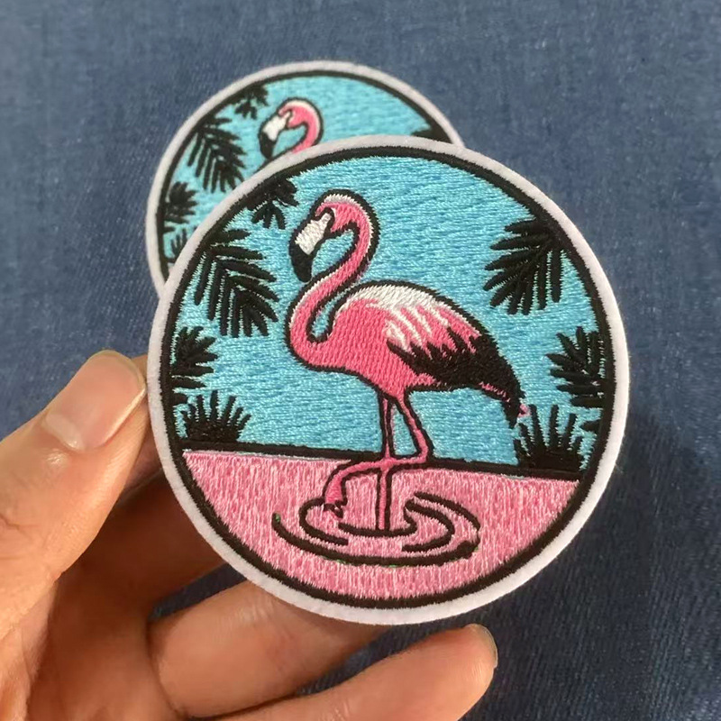 Factory Direct Sales Flamingo Cloth Patch Computer Embroidered Label Round Badge Clothing Decorative Patch Ironing DIY Armband