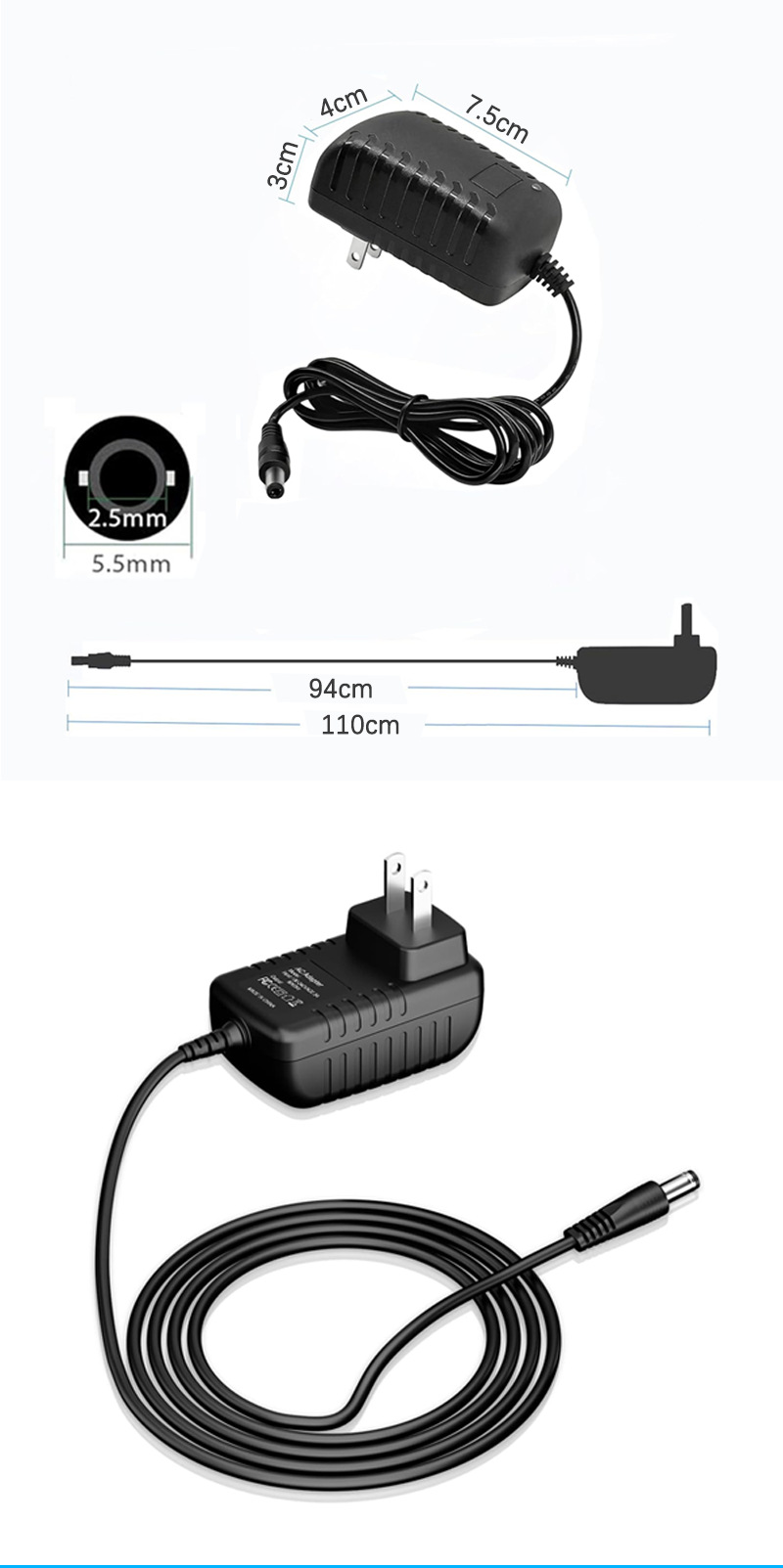9V2A power adapter, EU/US/UK, for cameras and routers