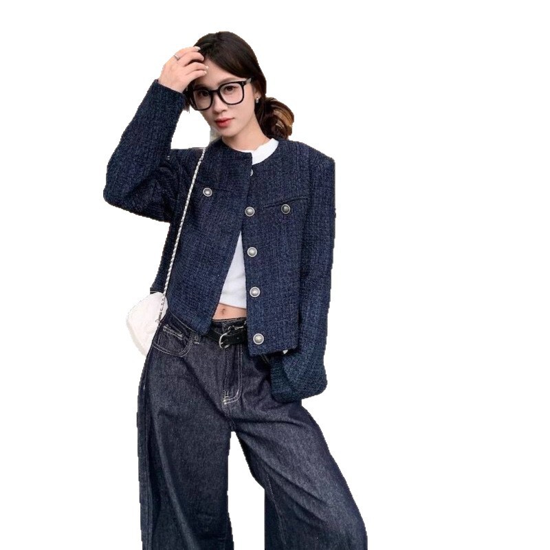 法式小香风外套女装秋季2025新款超火减龄休闲蓝色短款韩系上衣服|undefined