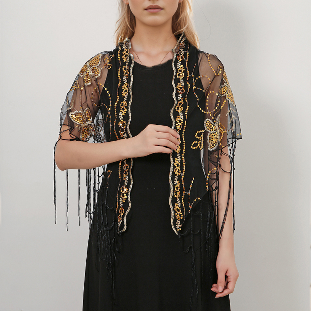 Nuevas pañuelas de malla mariposa triángulo toalla de hombro de verano con un vestido de baile cheongsam con bordas con chalelas de boda lotes