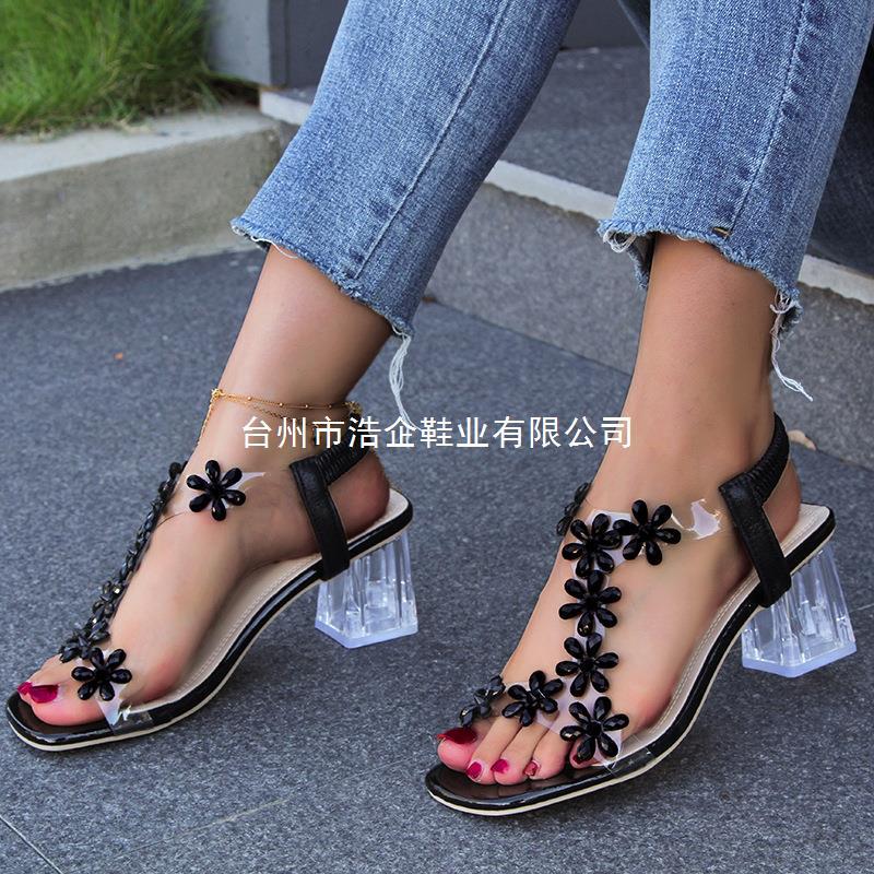 Foreign trade plus size rhinestone butterfly sandals women 2023 new square crystal thick heel fairy style transparent high heels