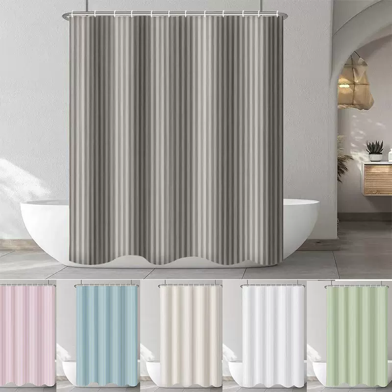 经典宽条纹涤纶浴帘防水春亚纺绸缎高档酒店用品竖条纹浴帘
